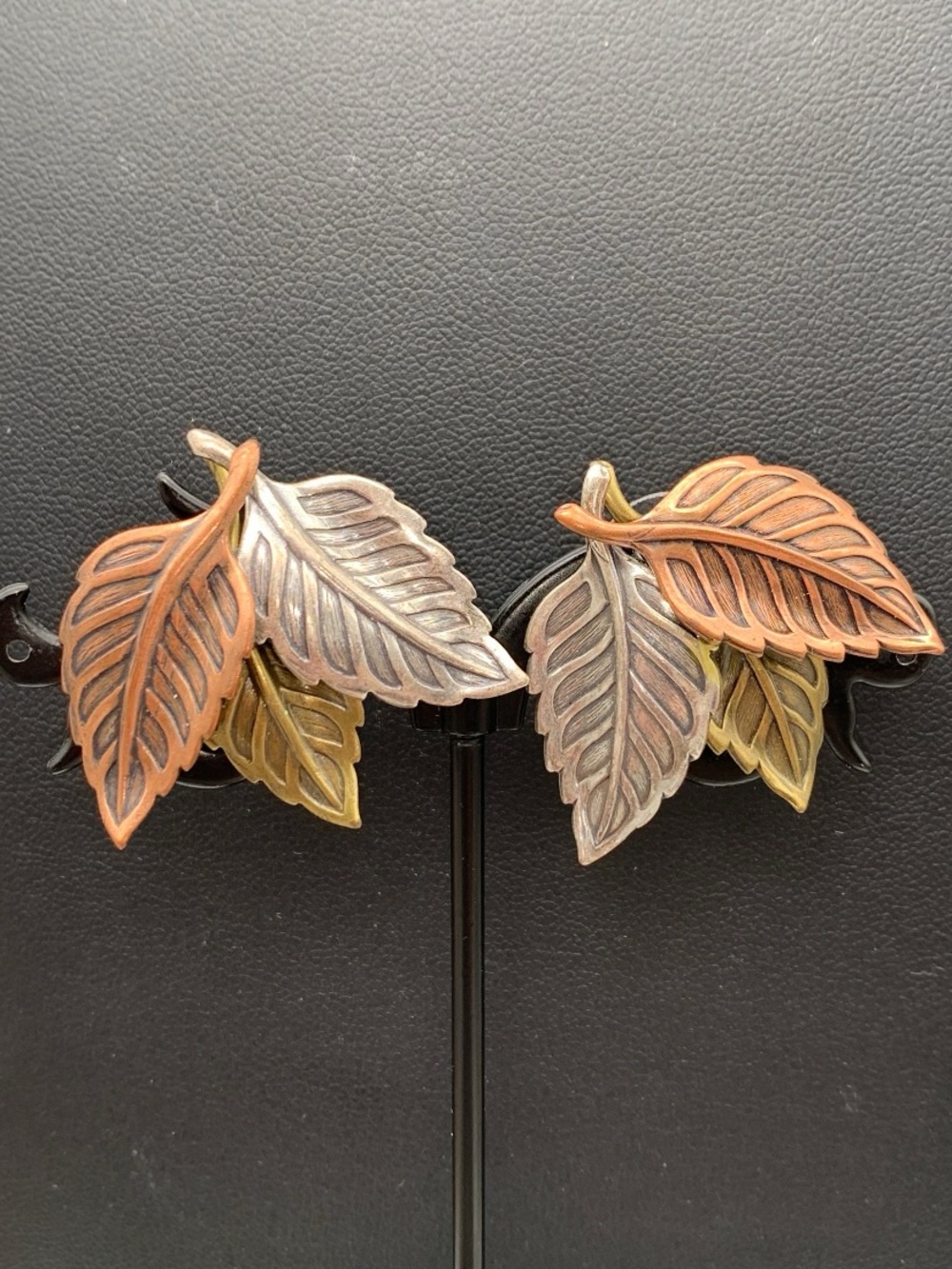 Vintage Tri- Tone Leaf Cluster pierced Earrings in Copper, Silver, & Gold Tones